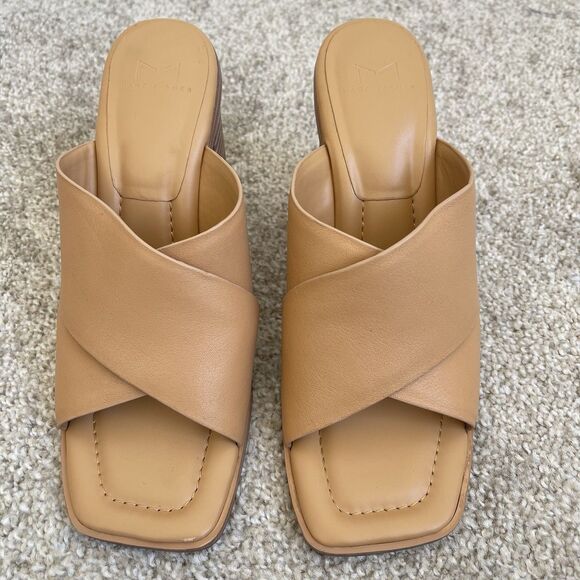 Marc Fisher Tan Leather Block Wood Heel Square Toe Barli Sandals Womens 7.5 M - Picture 1 of 9